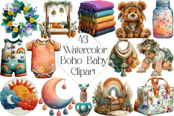 Download Watercolor Boho Baby Clipart - Premium Bundle