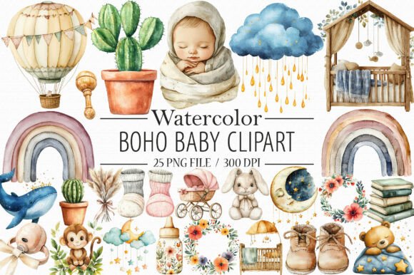 Download Watercolor Boho Baby Clipart, - Premium Bundle